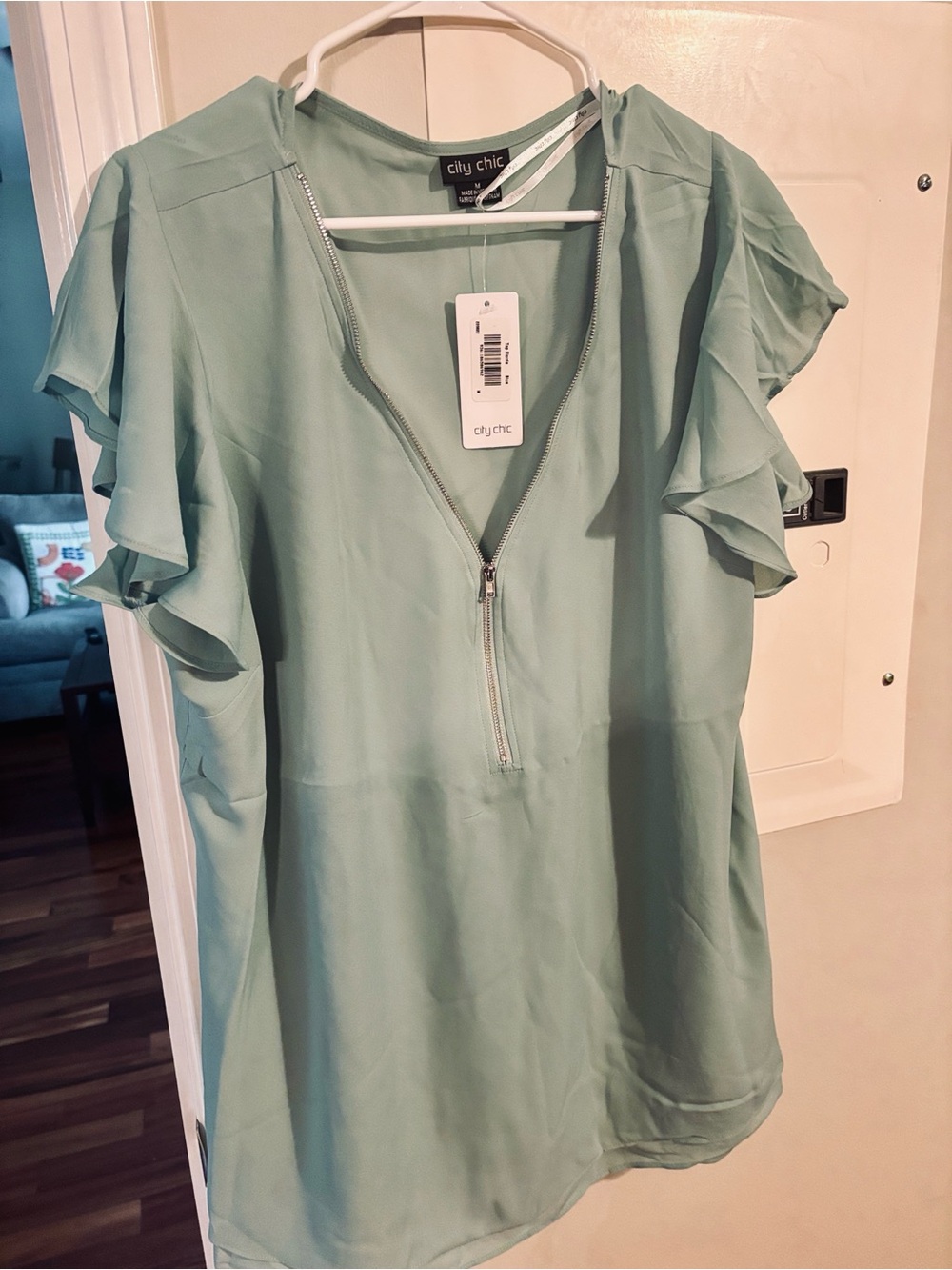 City Chic Seafoam Zip Front Ruffle Sleeve Top